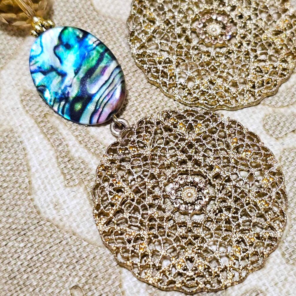 Artisan Earrings. Gold Filigree Medallion. Champagne Pave Crystal. Abalone. - Picture 5 of 6